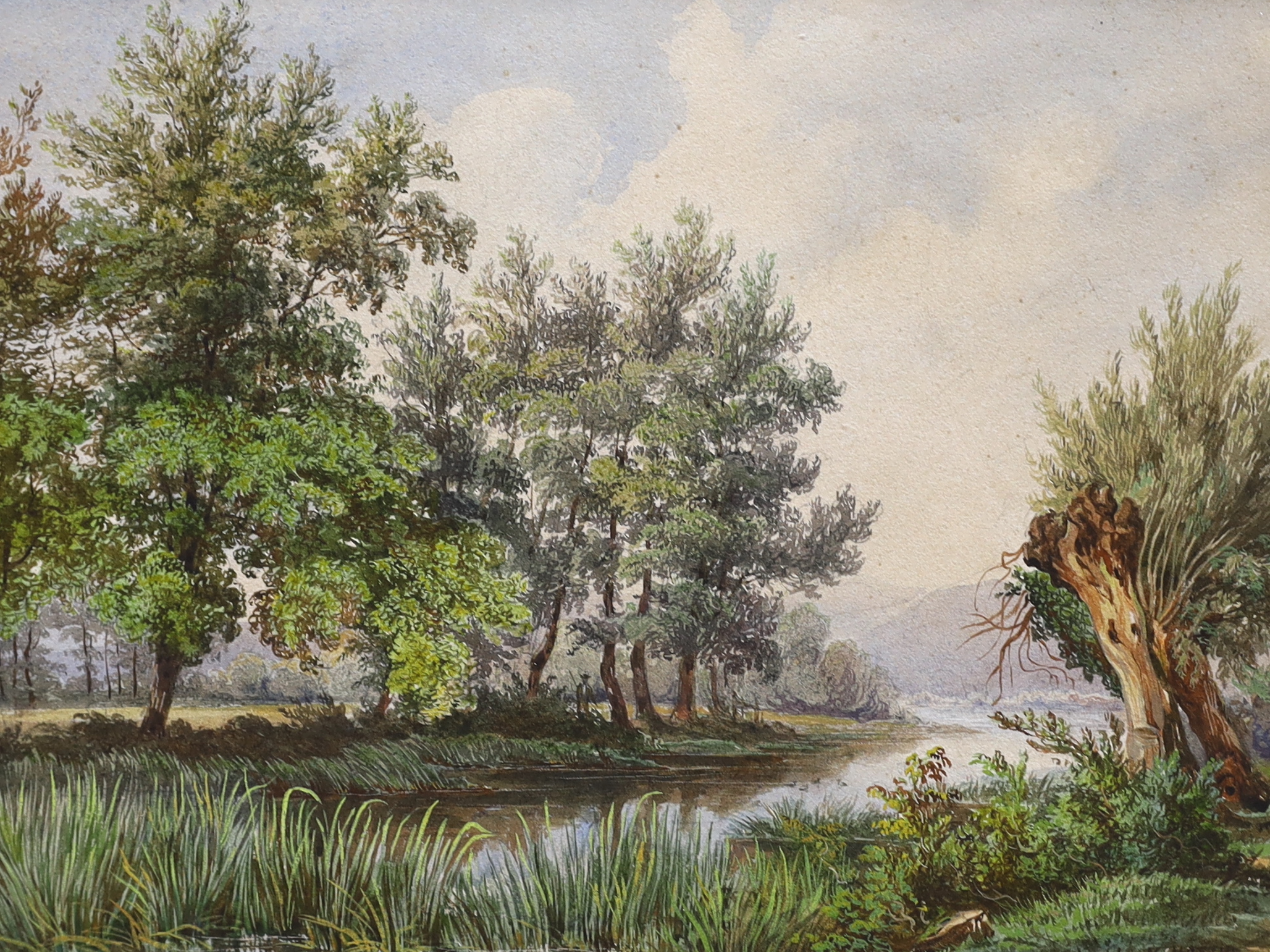 Fred C Dixon (b. 1902-1992), watercolour, Chateau Chillon, signed, together with another mid 19th century watercolour landscape and a Dutch oil on canvas, barges, largest 29 x 47cm